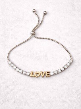 NWT Macy’s Adjustable “LOVE” Bracelet – Gold & Crystal Accent Tennis Style